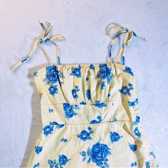 Floral Tie Strap Mini Dress Yellow Blue Roses - Picture 3 of 6